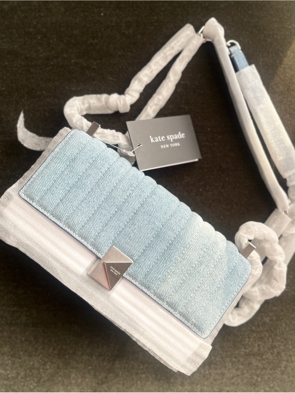NWT Kate Spade Mini Deco Quilted Denim Suede Mini Leather Chain Crossbody Bag
